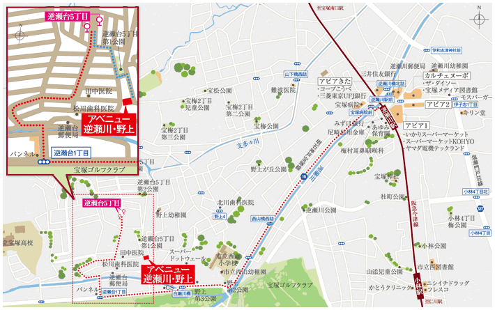阪急今津線 「逆瀬川」駅から現地へのアクセスマップ 詳細