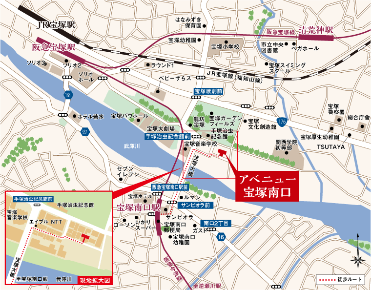 阪急今津線「宝塚南口」駅から現地へのアクセスマップ 詳細